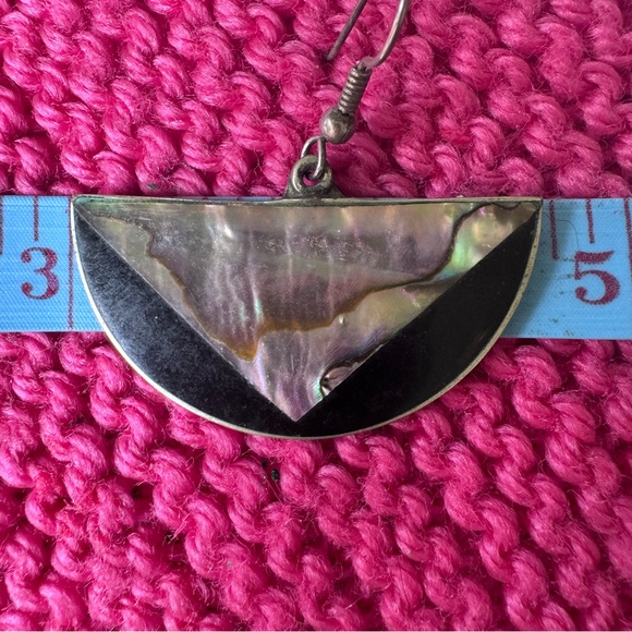 Vintage Alpaca Silver Mexican Black Enamel & Abalone Shell Dangle Drop Earrings - Picture 5 of 6
